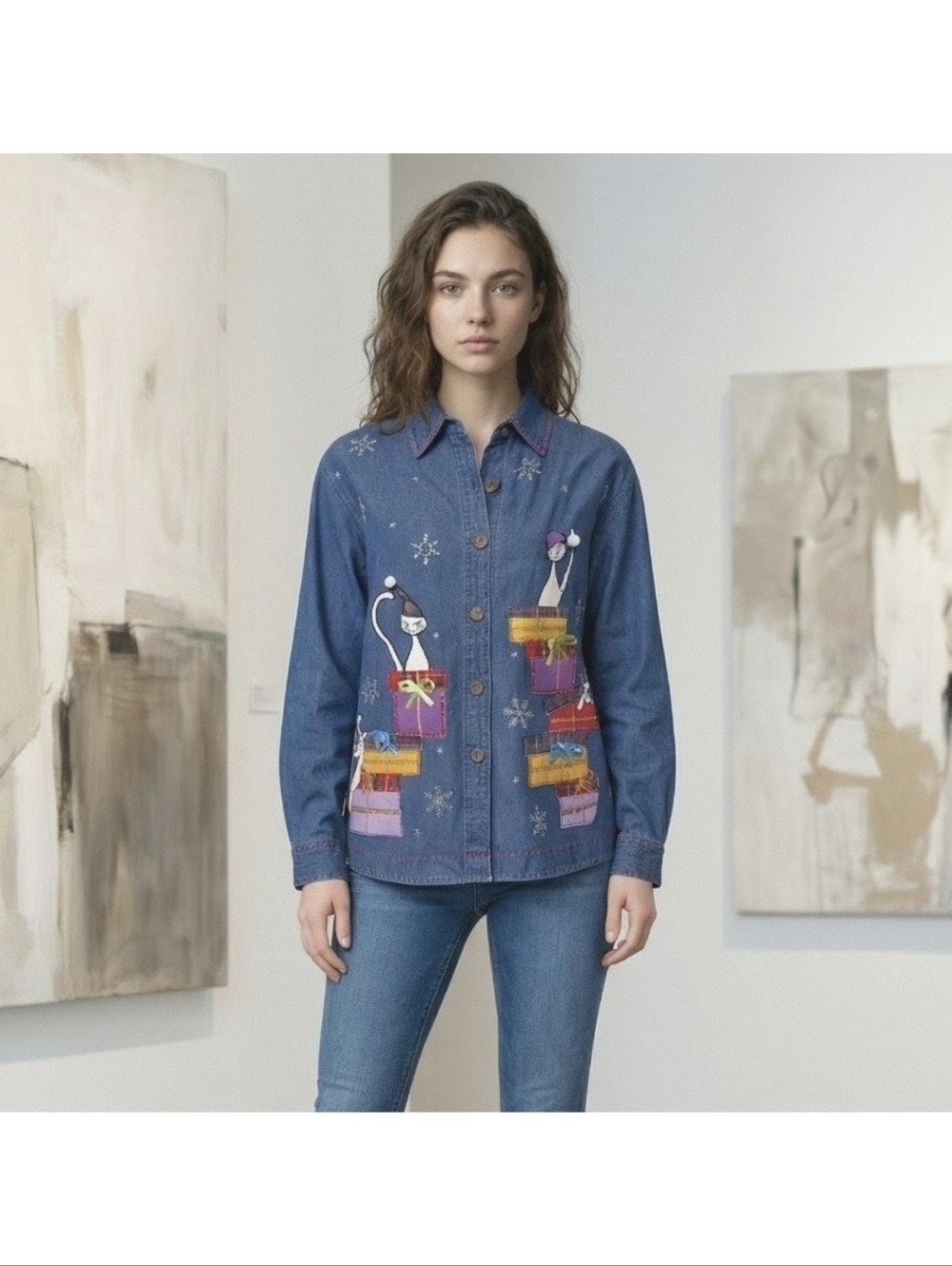 Embroidered Denim Button Up Shirt with Colorful Cat Embellishments